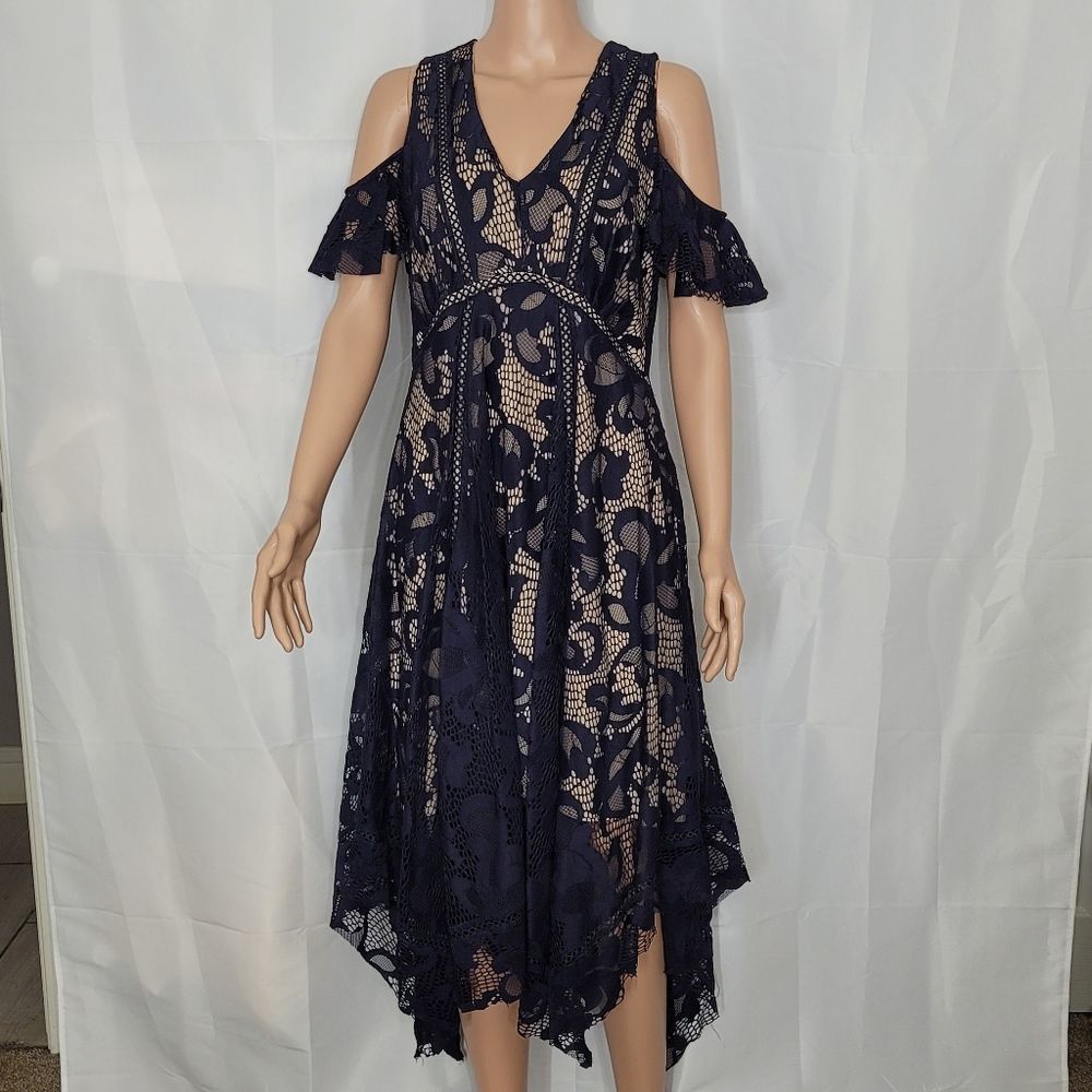 Just Taylor Cold Shoulder, Fit and Flare, Nude Lace Dress, Sz. 12